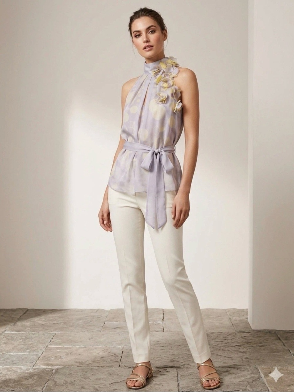 Sleeveless Lavender Floral Appliqué Halter Top with Waist Tie